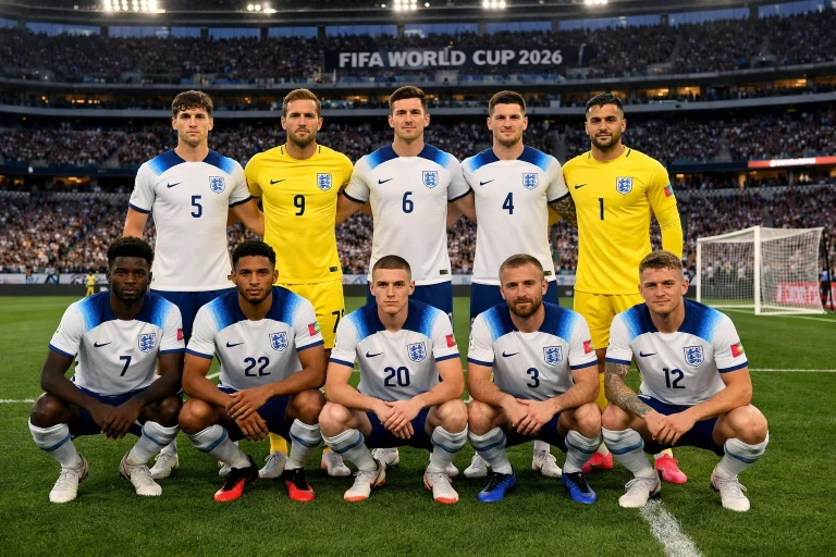 Angleška nogometna reprezentanca v belih dresih na nogometnem stadionu na SP 2026