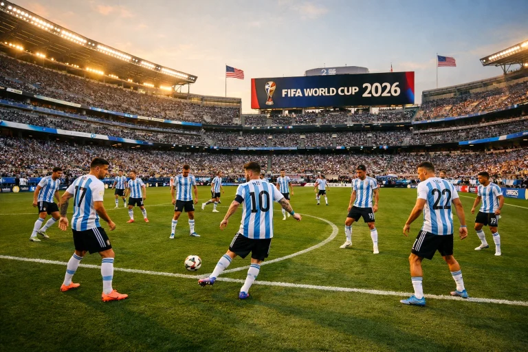 Argentinska nogometna reprezentanca v modrih dresih na zelenici svetovnega prvenstva 2026