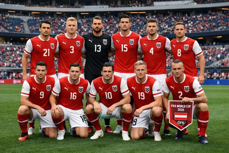 Avstrijska nogometna reprezentanca na zelenici pred tekmo na svetovnem prvenstvu 2026