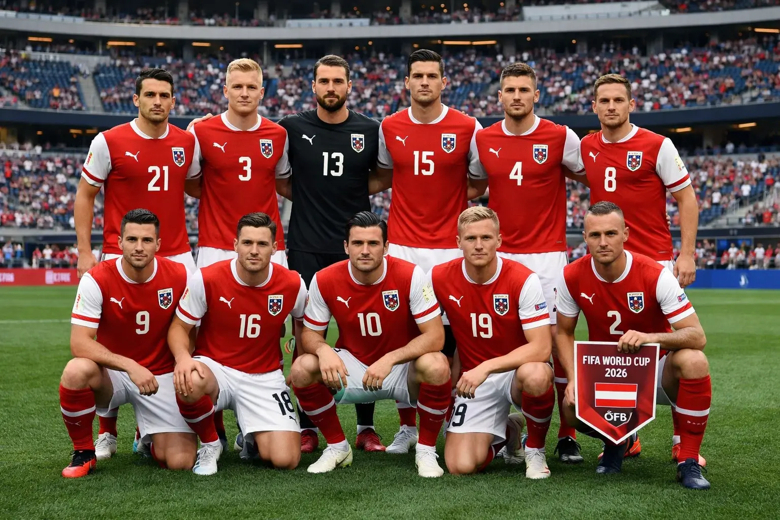 Avstrijska nogometna reprezentanca na zelenici pred tekmo na svetovnem prvenstvu 2026