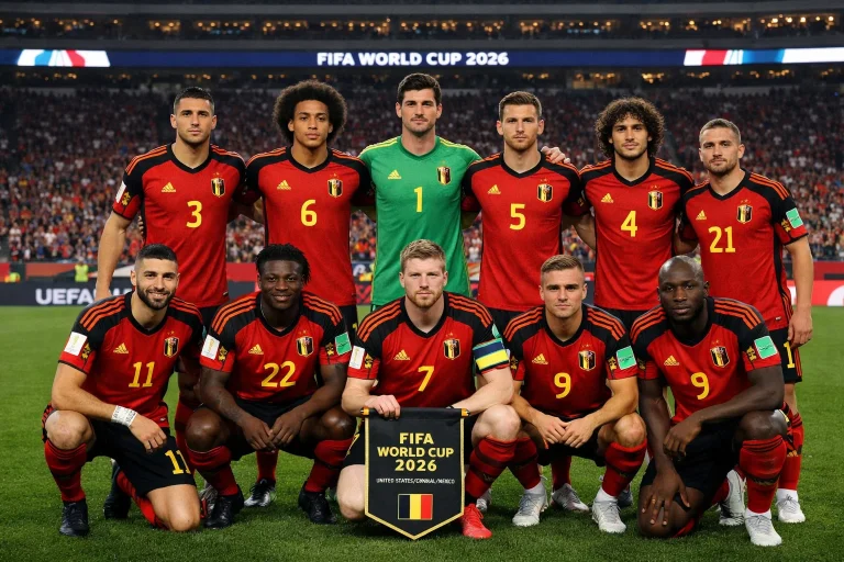 Belgijska nogometna reprezentanca v rdečih dresih na nogometnem igrišču na SP 2026