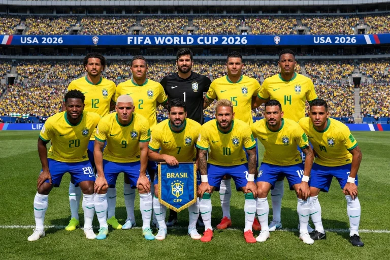 Brazilska nogometna reprezentanca v rumenih dresih na zelenici svetovnega prvenstva 2026