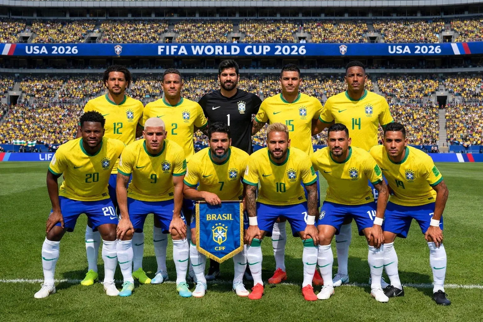 Brazilska nogometna reprezentanca v rumenih dresih na zelenici svetovnega prvenstva 2026