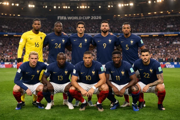 Francoska nogometna reprezentanca v modrih dresih na nogometnem igriščlu na SP 2026