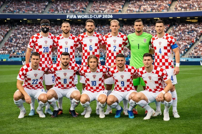 Hrvaška nogometna reprezentanca v rdečebelih dresih na zelenici svetovnega prvenstva 2026