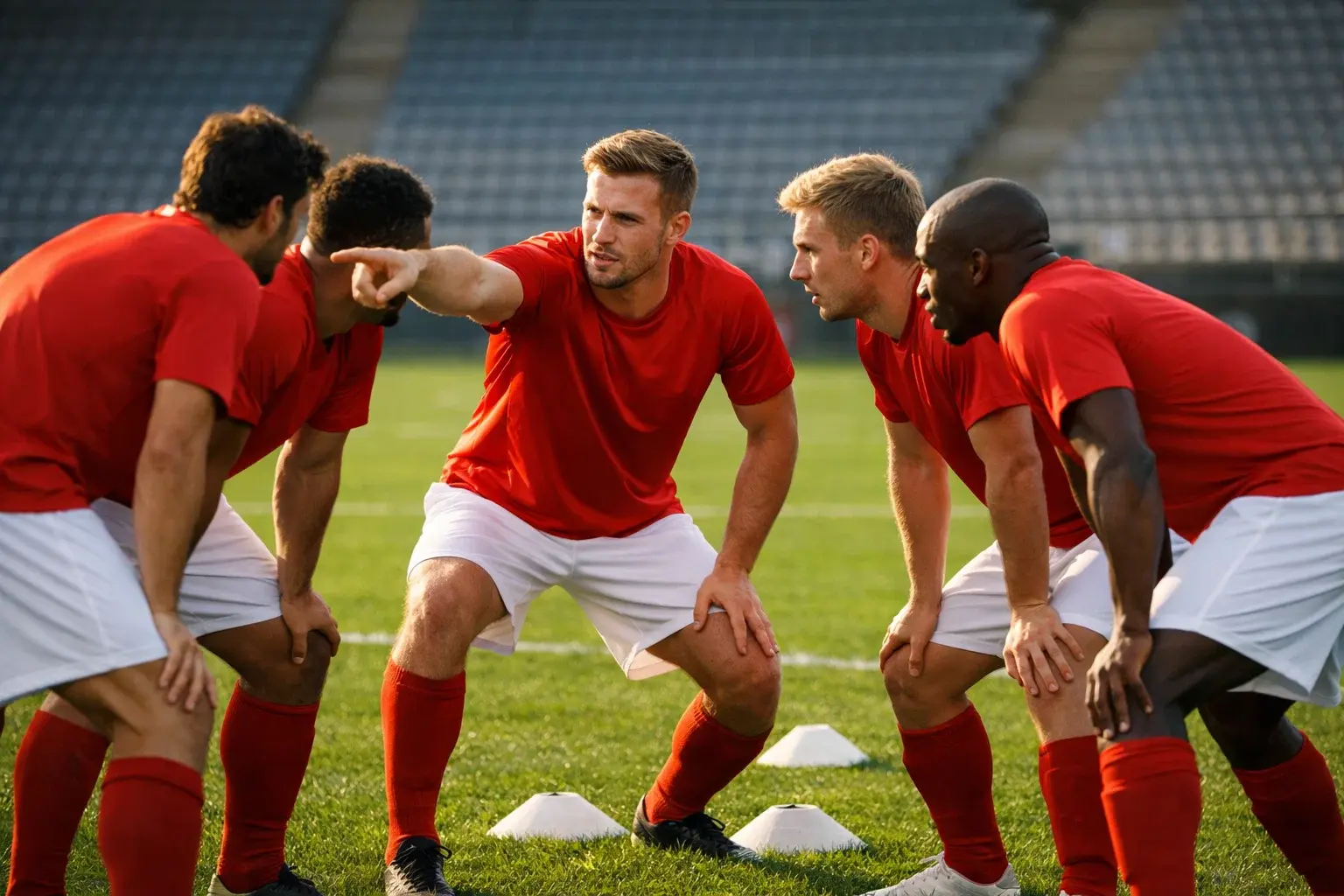 Skupina nogometnih igralcev v rdečih dresih med taktično pripravo na igrišču