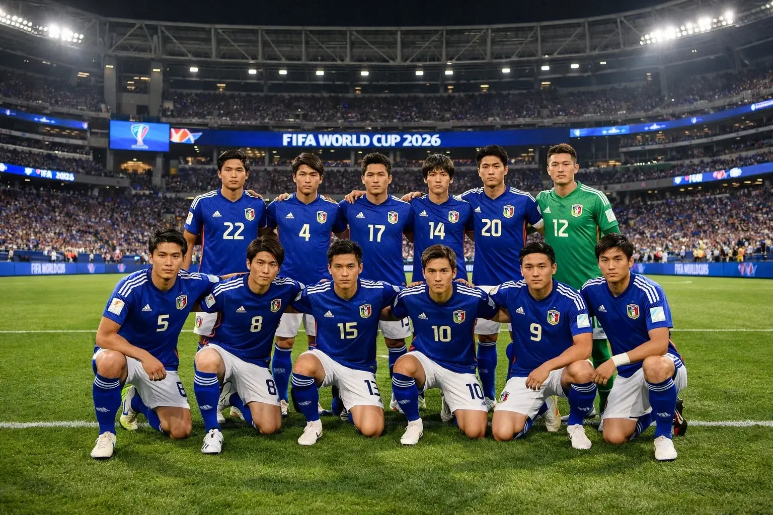 Japonska nogometna reprezentanca v modrih dresih na nogometnem stadionu na SP 2026