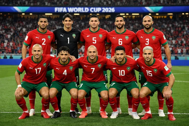 Maroška nogometna reprezentanca v rdečih dresih na zelenici svetovnega prvenstva 2026