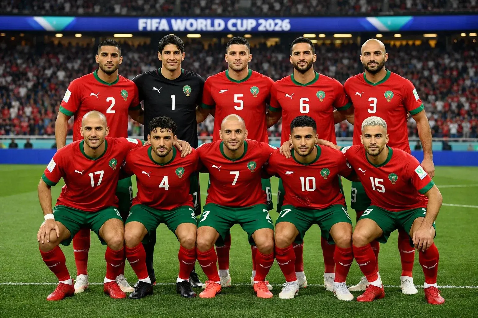 Maroška nogometna reprezentanca v rdečih dresih na zelenici svetovnega prvenstva 2026