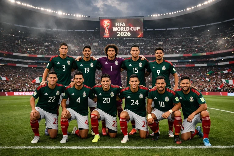 Mehiška nogometna reprezentanca v zelenih dresih na Estadio Azteca pred tekmo SP 2026