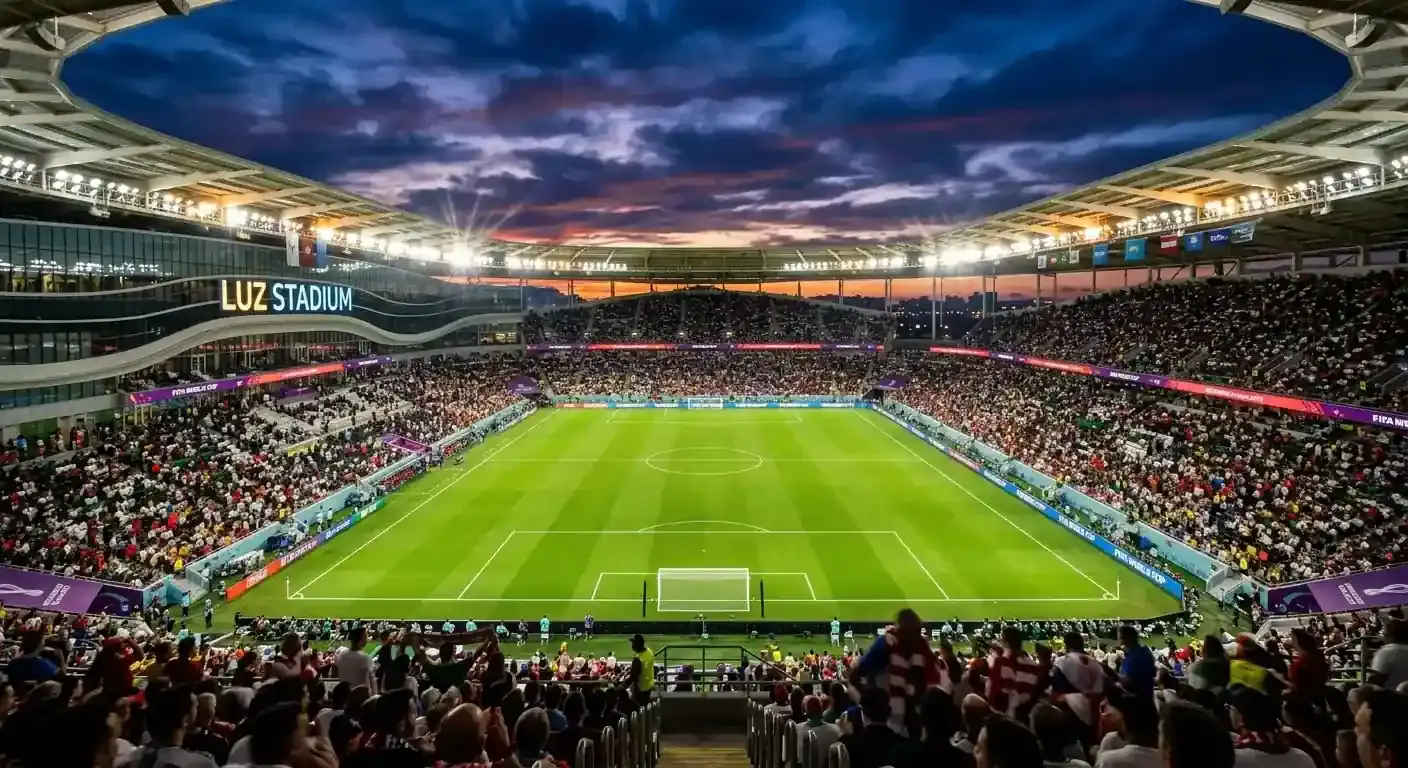 Nogometni stadion z žarometi pred večerno tekmo svetovnega prvenstva