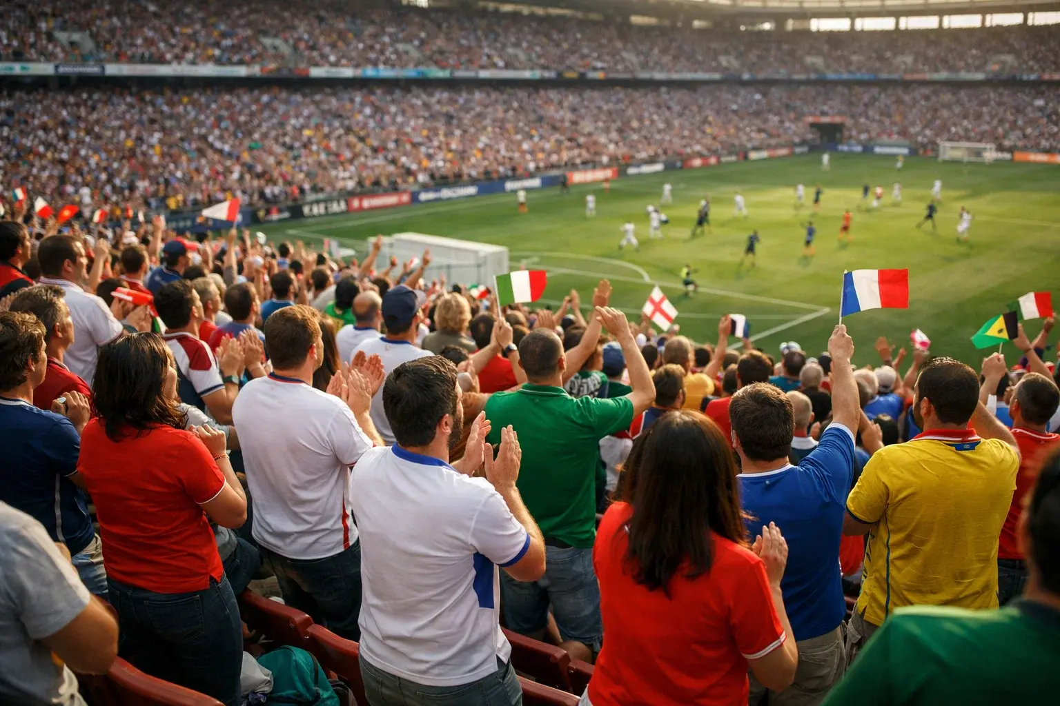 Navijači v barvitih dresih na tribuni stadiona med nogometno tekmo
