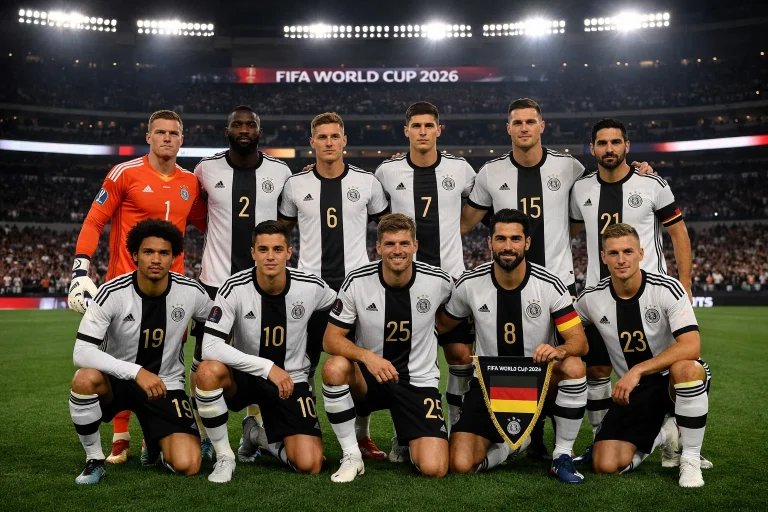 Nemška nogometna reprezentanca v belih dresih na nogometnem igrišču na SP 2026