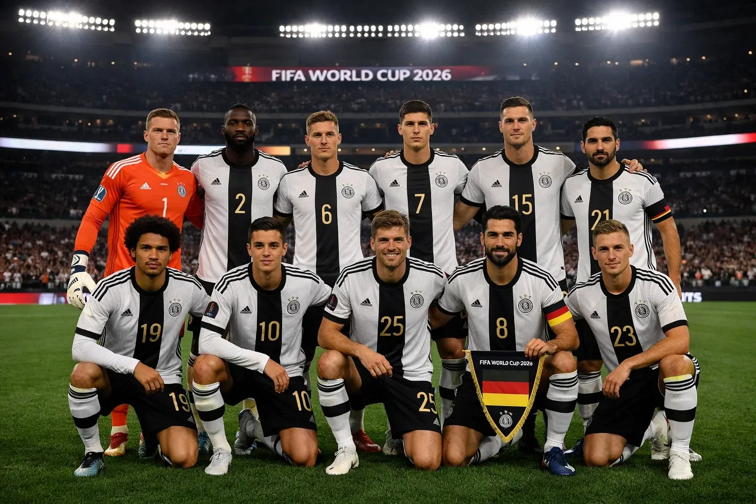 Nemška nogometna reprezentanca v belih dresih na nogometnem igrišču na SP 2026