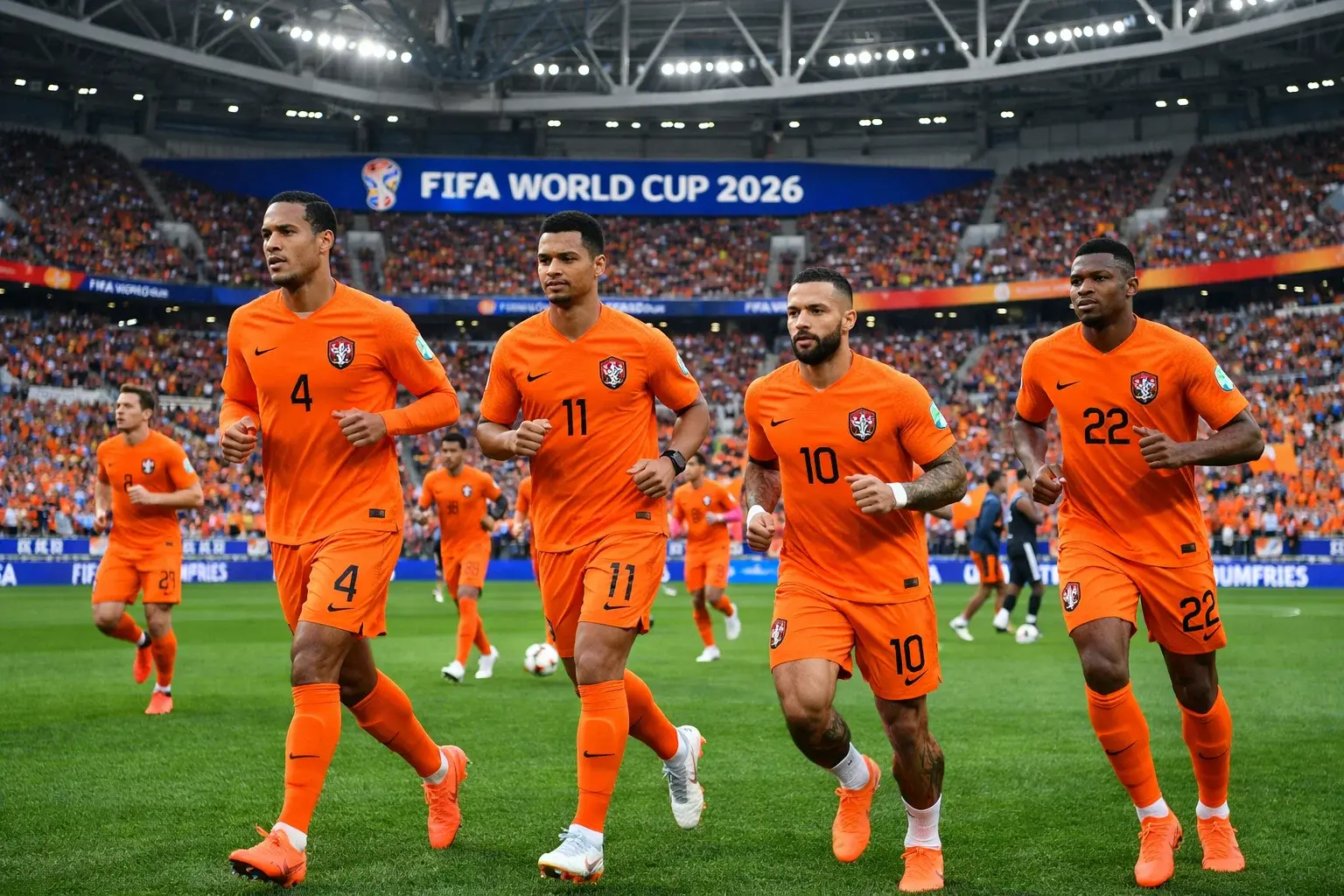 Nizozemska nogometna reprezentanca v oranžnih dresih na nogometnem stadionu na SP 2026
