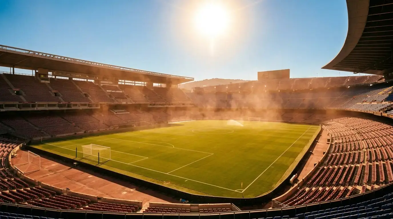 Termometer in sonce nad nogometnim stadionom med vročinskim valom