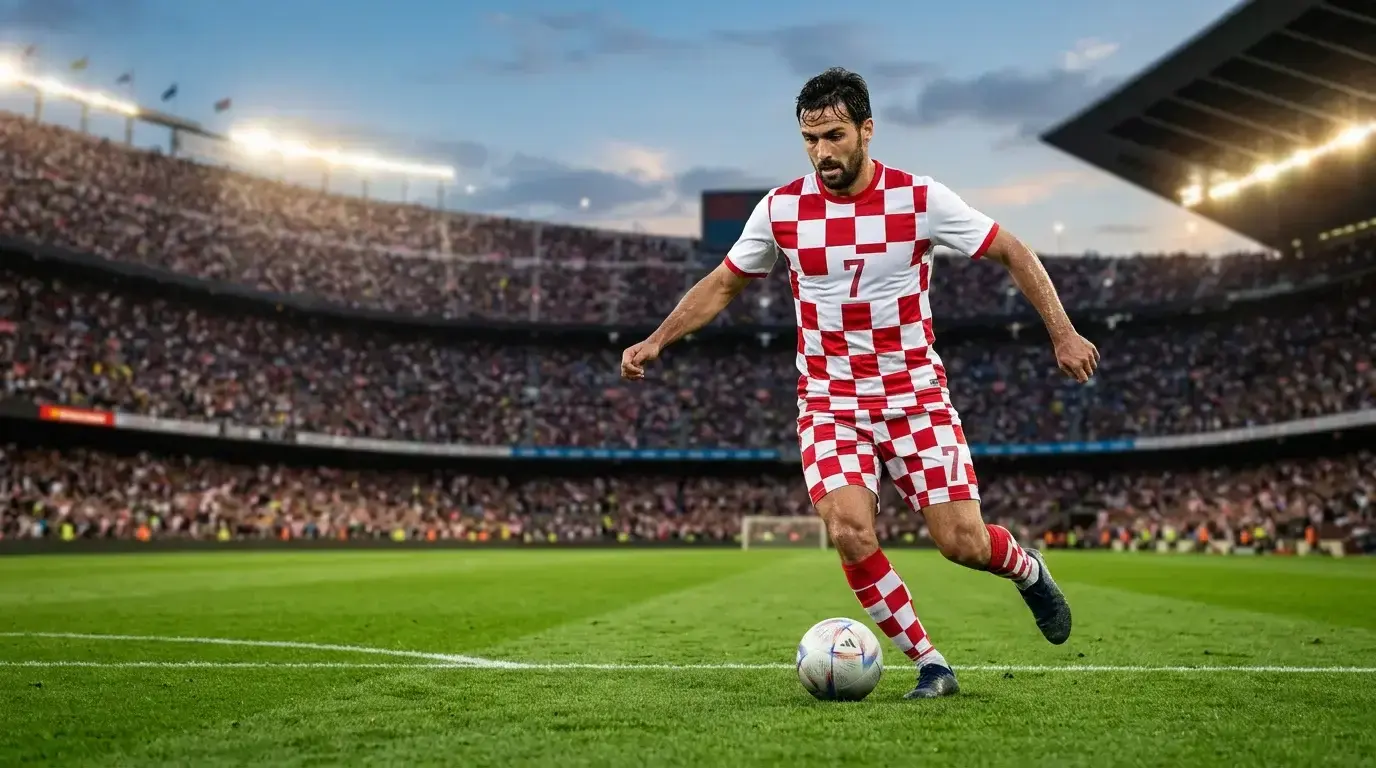 Nogometaš v rdeče-belo kariranem dresu z žogo na zelenici