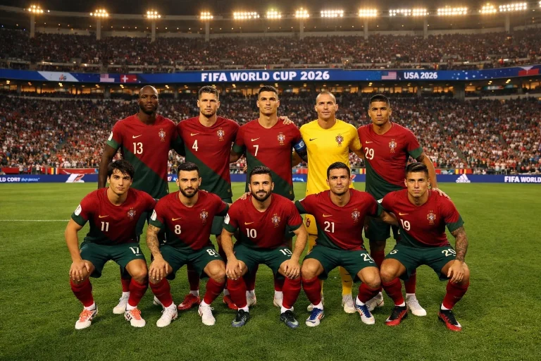 Portugalska nogometna reprezentanca v rdečih dresih na zelenici svetovnega prvenstva 2026