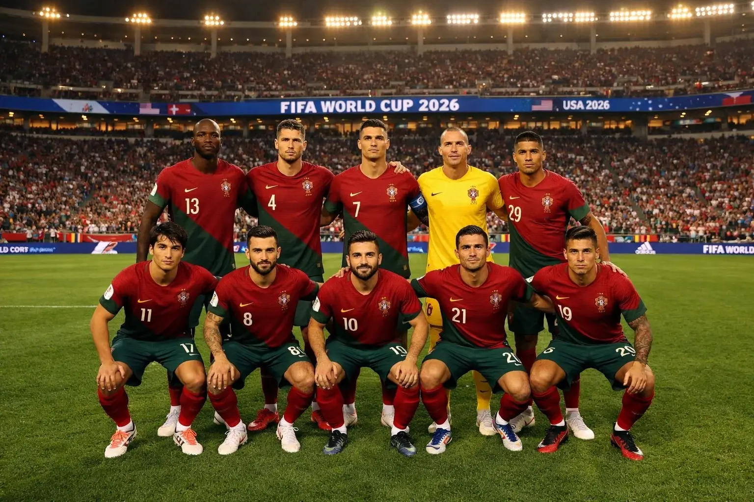 Portugalska nogometna reprezentanca v rdečih dresih na zelenici svetovnega prvenstva 2026