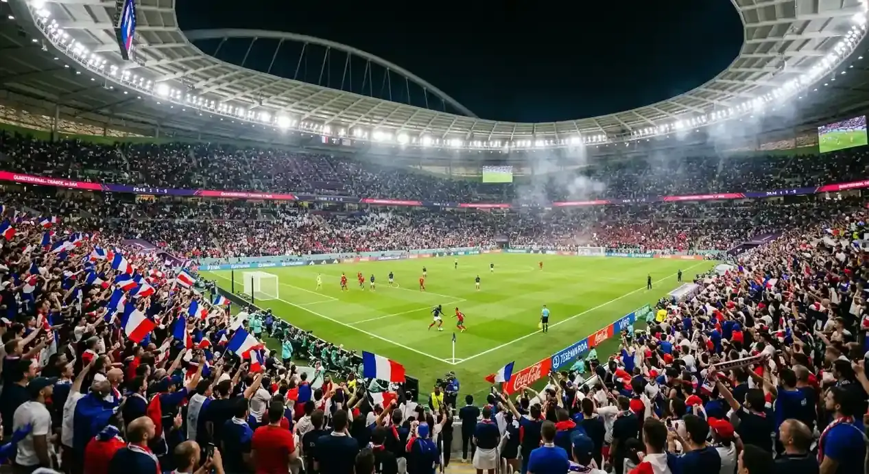 Nogometni stadion ponoči med tekmo svetovnega prvenstva pod žarometi