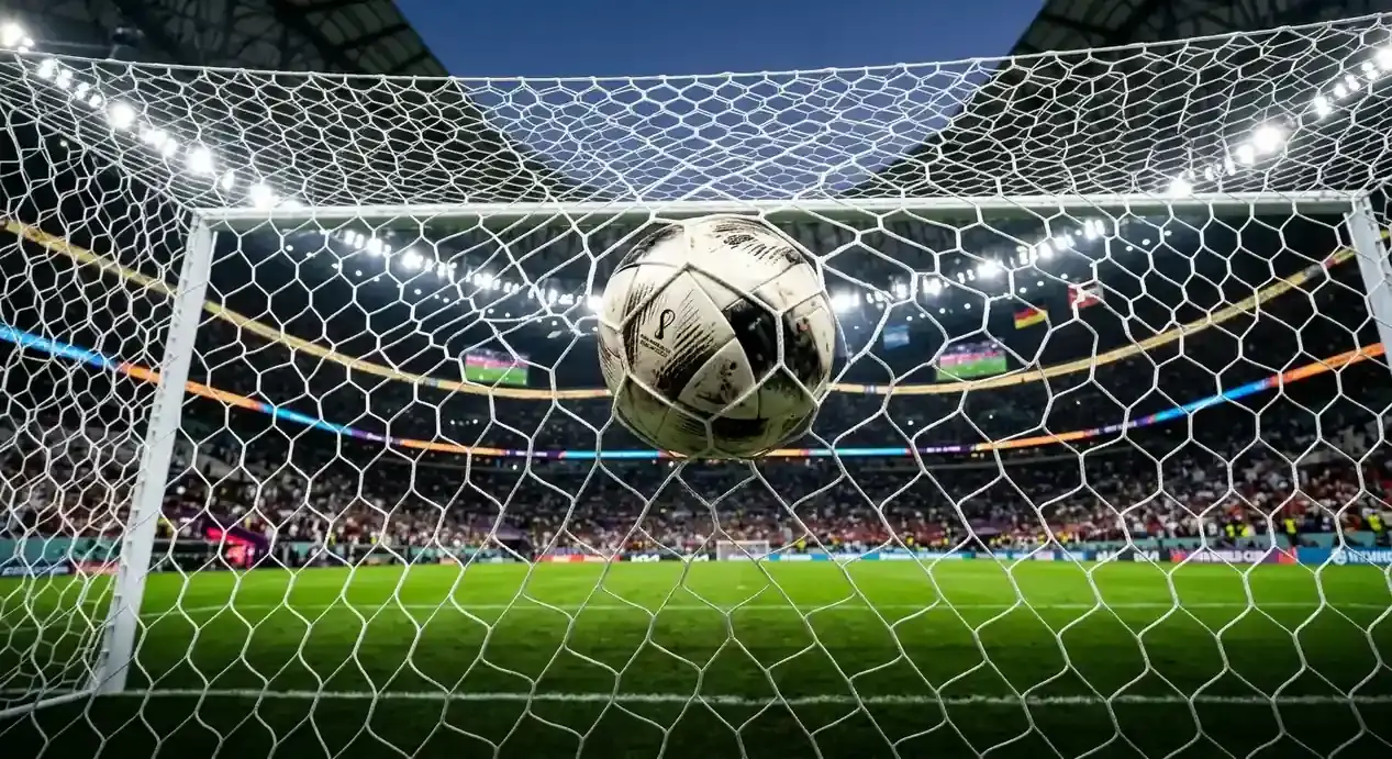 Nogometna žoga v mreži gola z vidno mrežno strukturo