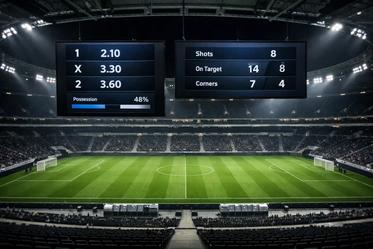 Nogometno igrišče z navijači in prikazom stavnih kvot za svetovno prvenstvo 2026