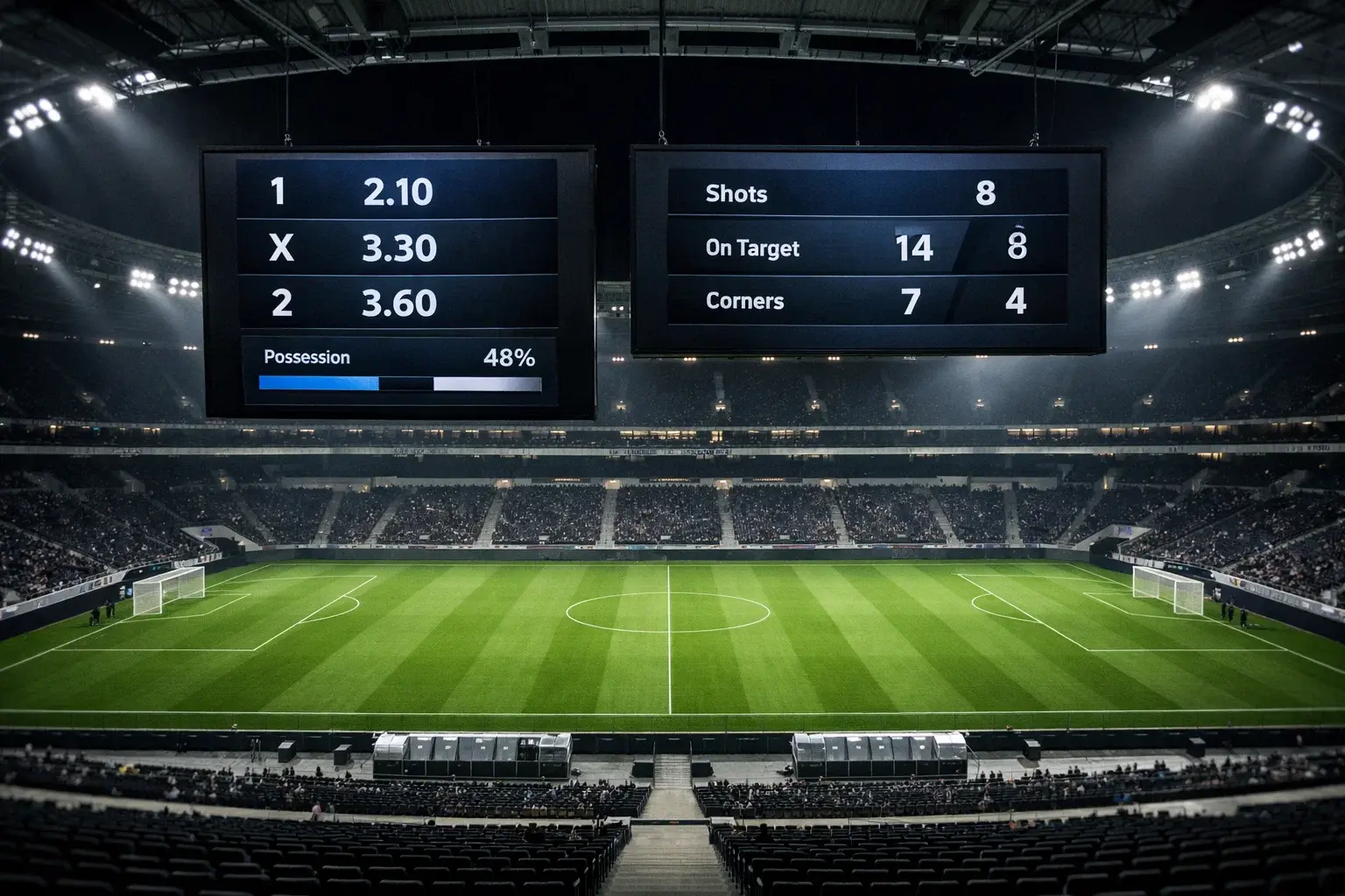 Nogometno igrišče z navijači in prikazom stavnih kvot za svetovno prvenstvo 2026