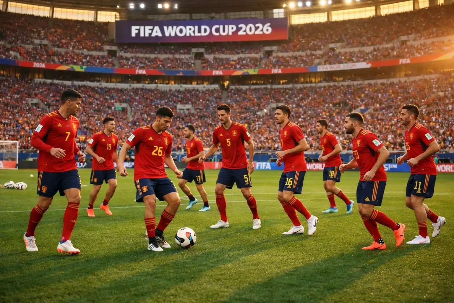 Španska nogometna reprezentanca v rdečih dresih na zelenici svetovnega prvenstva 2026