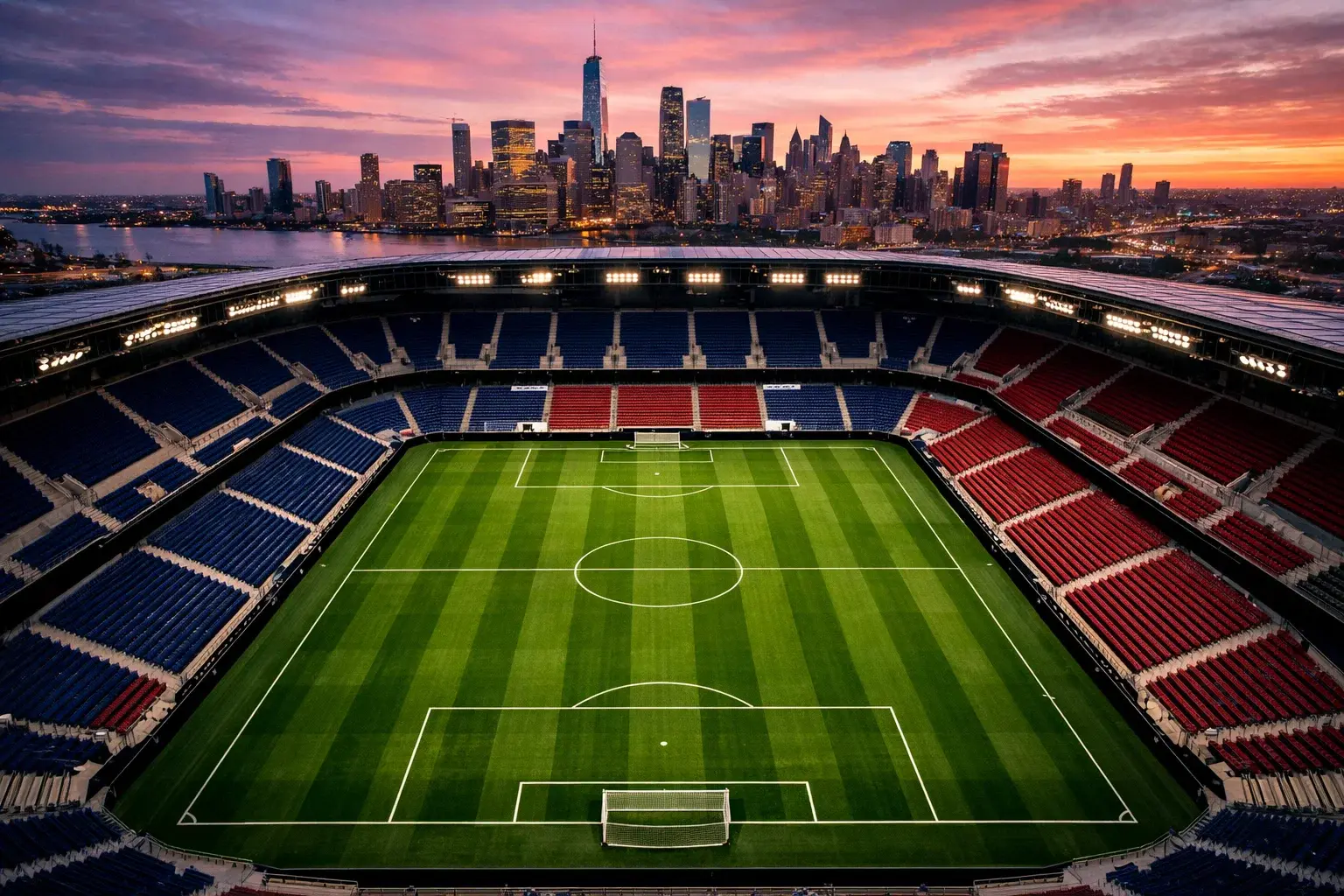 Pogled na nogometno igrišče na velikem stadionu med pripravo na svetovno prvenstvo 2026