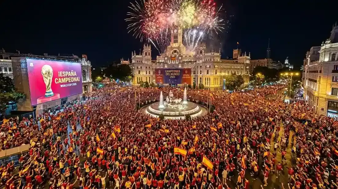 Španski navijači slavijo v središču Madrida po osvajanju naslova